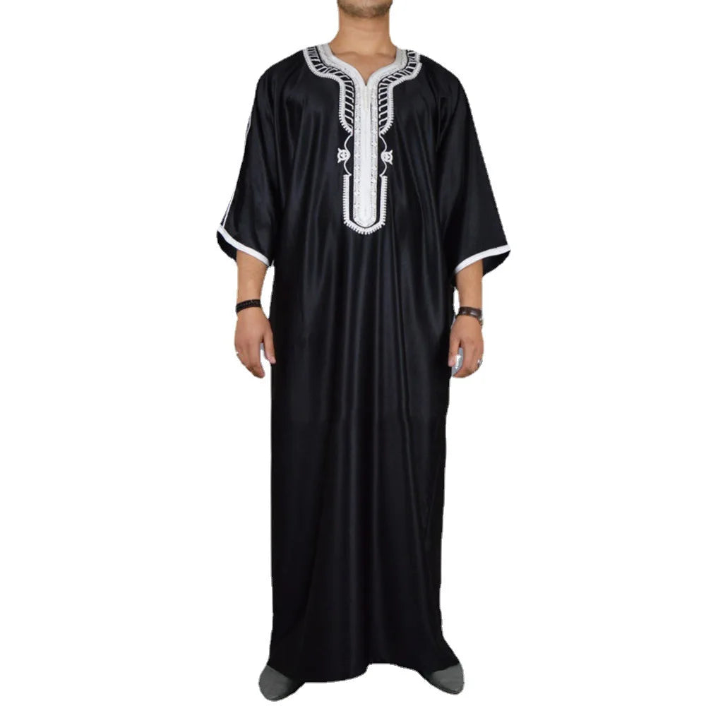 New Men's 1PCS Long Black Muslim Clothing Dresses Abaya Mid Sleeve Arab Crew Neck Islamic Solid Color Kaftan Maxi Dubai