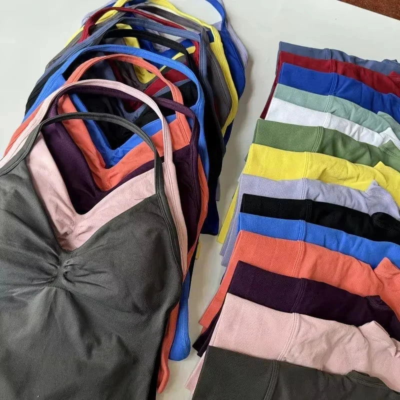 2PCS Yoga Gym Set Women Seamless Strappy Yoga Bra Top High Waist Workout Scrunch Shorts Sports Suit Fitness Clothes Sportswear