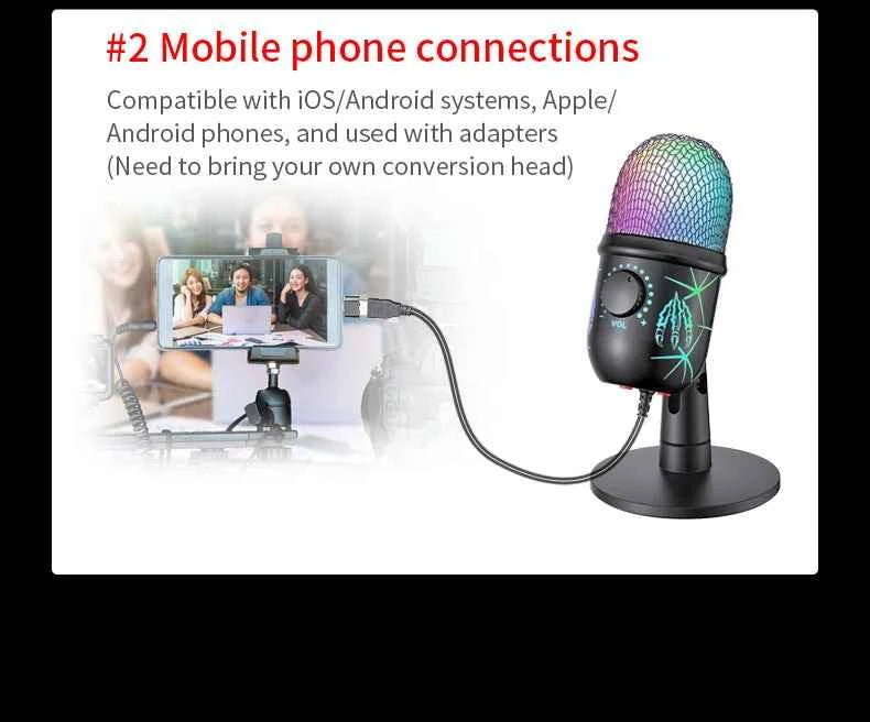 Gaming Microphone USB Microphone for PC Condenser Podcast Mic for Studio Recording with Headphone Jack, Led, Noise Cancellation