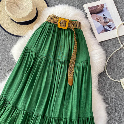 White High Waist A-Line Midi Skirt Women's Summer Casual Flared Cake Skirt Korean Sle Baking Poer Skirt for Young Women