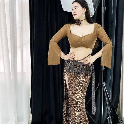 Belly dance set women's mesh long sleeved top+sexy leopard print skirt 2pcs adult oriental dance professional practice clothes