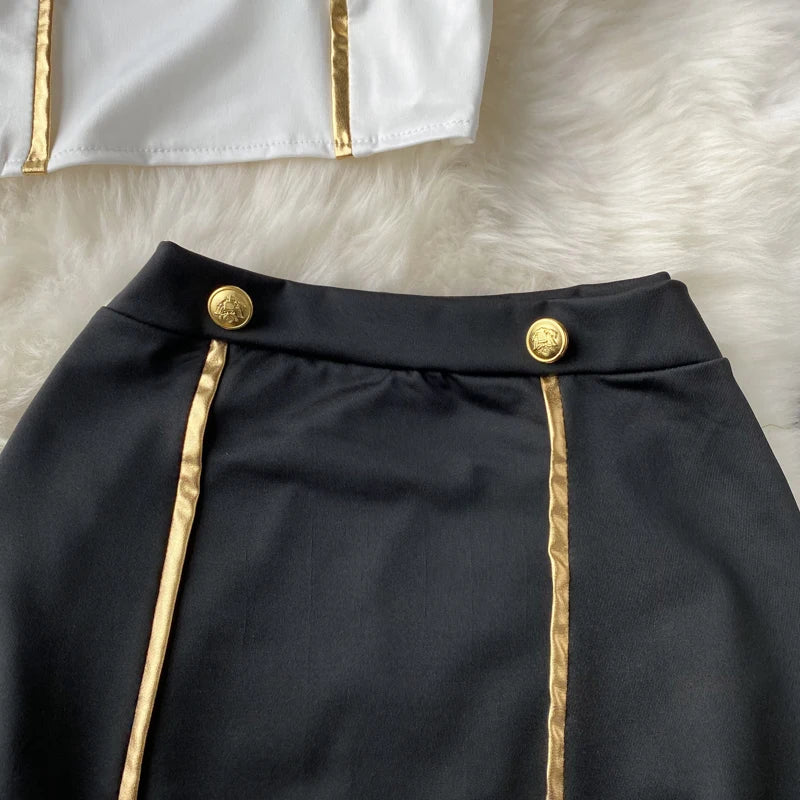 Women Sexy Hollow Skirts Suits Lace Patchwork Turn-down Collar Tops Mini Skirt Underpants 3 Pieces Erotic Pajamas Sets Cosplay - AMULET RING STORE