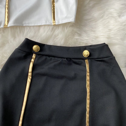 Women Sexy Hollow Skirts Suits Lace Patchwork Turn-down Collar Tops Mini Skirt Underpants 3 Pieces Erotic Pajamas Sets Cosplay - AMULET RING STORE