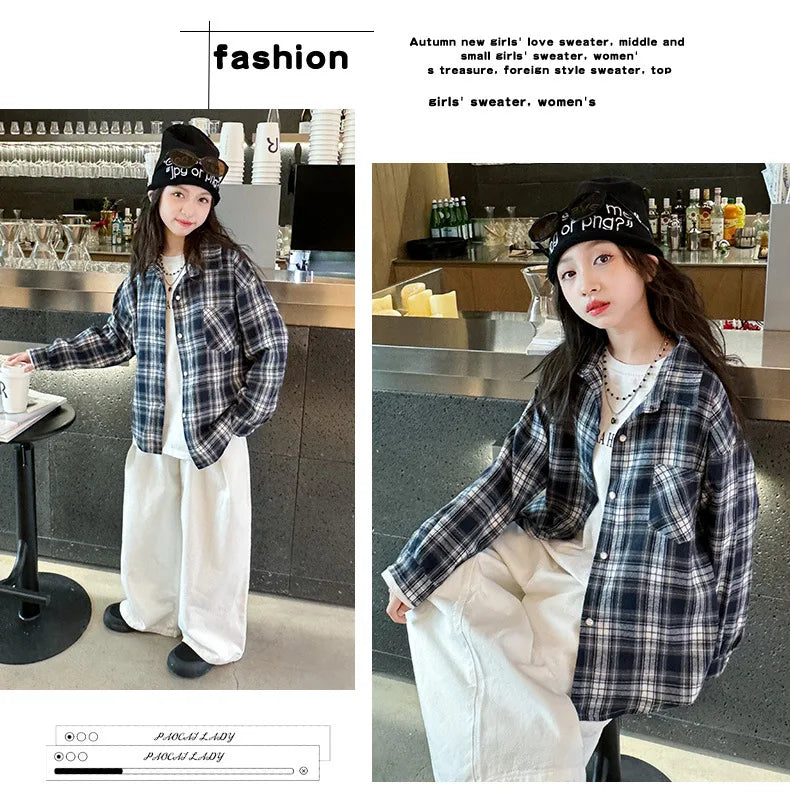 2025 Spring Girls Plaid Shirt Comfort Fashion Teen Kids Tops Clothes Casual All-match Long Sleeve Children Blouse 10 12 13 Years