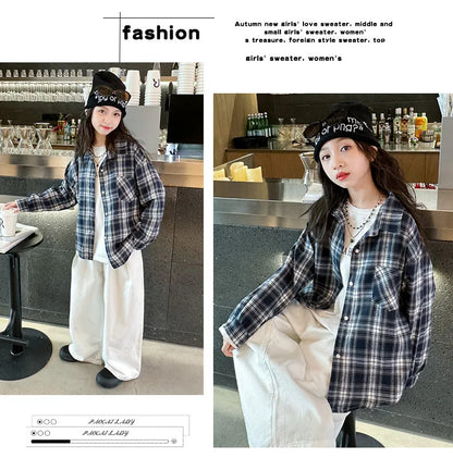 2025 Spring Girls Plaid Shirt Comfort Fashion Teen Kids Tops Clothes Casual All-match Long Sleeve Children Blouse 10 12 13 Years