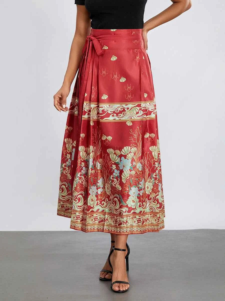 Women s Horse Face Skirt Elegant Phoenix Character Flower Print Pleated Tie Up A-Line Long Swing Skirt National Clothing