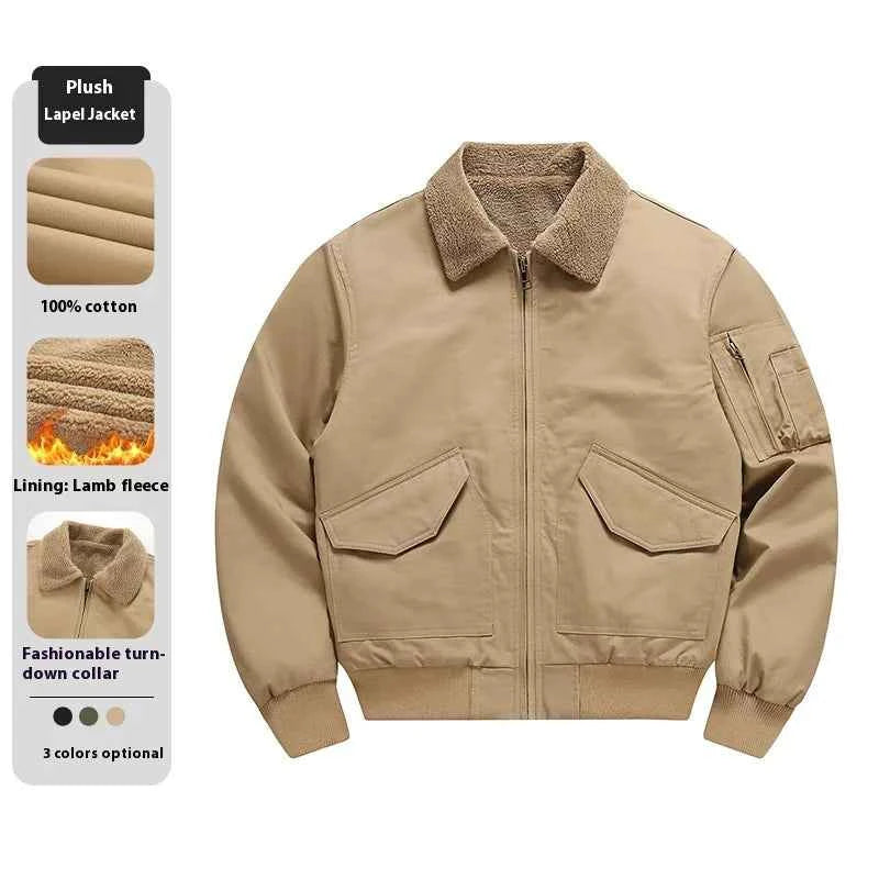 Men's Winter Fleece Jacket - Zipper Coat, Stylish and Elegant Lapel Design, Lamb Wool Lining - Cold Weather Coat, Suitable for Daily and Formal Events - Military Style Casual Jacket, Layered Wear, Military Style Design, Durab