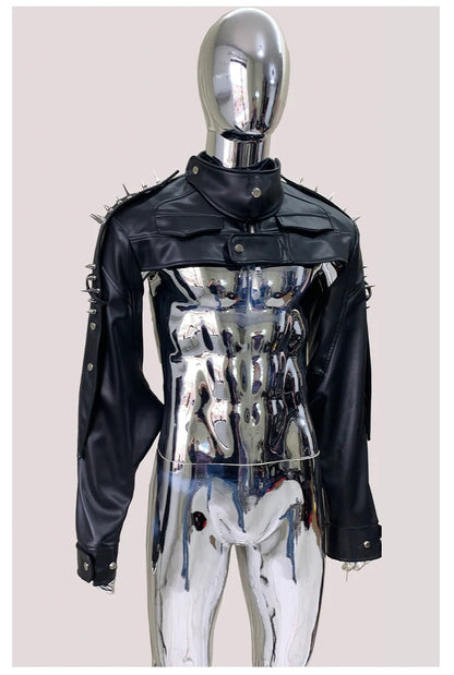 Mauroicardi Spring Autumn Cool Black Cropped Faux Leather Jacket Men Rivet Long Sleeve Zip Up Luxury Punk Style Emo Clothes 2025