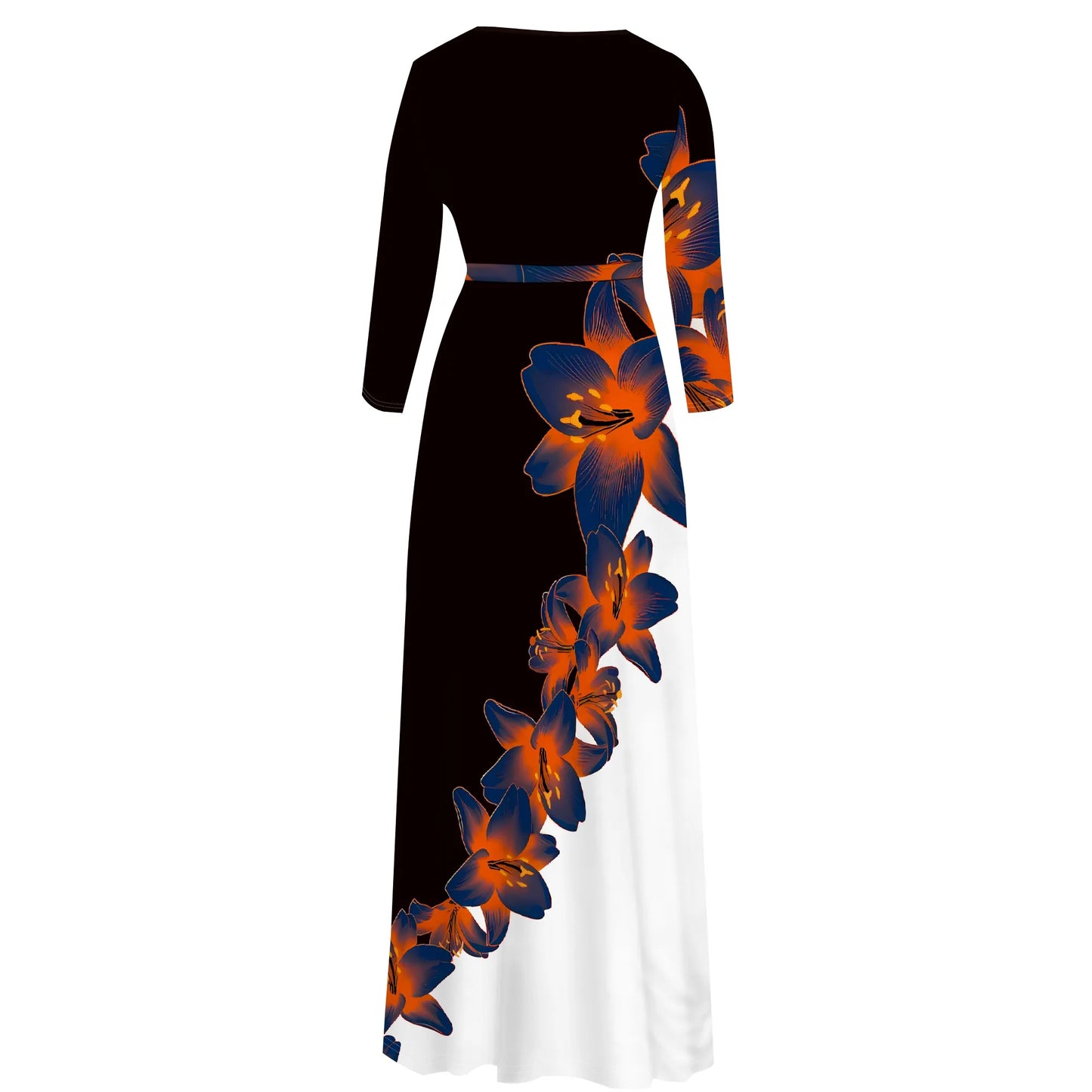 Floral V-Neck 3/4 Sleeve Wrap Maxi Dress with Belt - Women's Bold Elegant Party Evening Resortwear Date Night