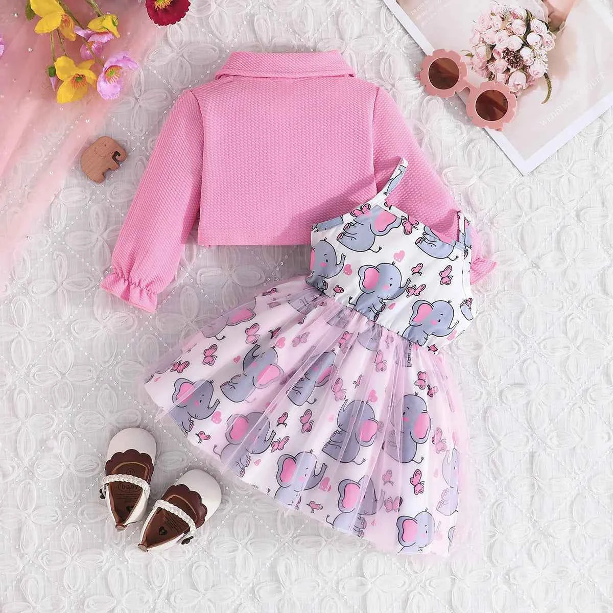 2Piece Spring Autumn Newborn Girls Clothes Korean Cartoon Cute Coat+Mesh Bow Print Sleeveless Dress Baby Boutique Clothing BC628