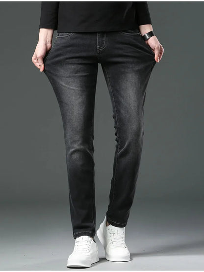 H Home Autumn/Winter Thickened European Style High-End Jeans Men's Trendy Brand Slims Smooths Your Silhouette Small Footed Trend