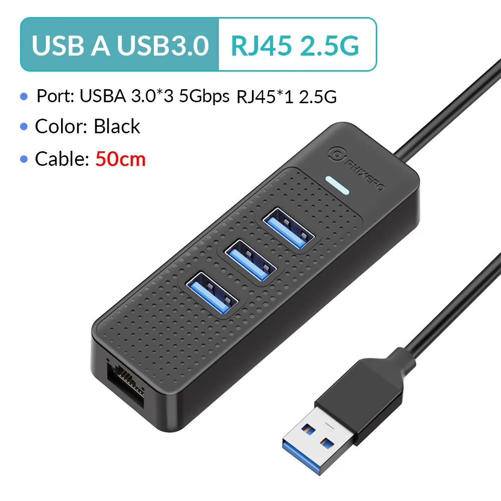 PHIXERO USB 3.0 Hub 2500Mbps Ethernet With RJ45 USB Splitter Multi Port Data Adapter Expander for Laptop Computer PC Accessories