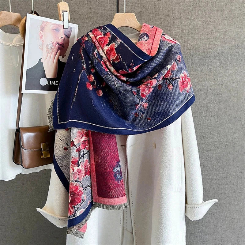 65*190cm Winter Warm Women Scarf Double-Sided Flower Faux Cashmere Scarves Luxury Wrap Shawls High-Quality Pashmina - AMULET RING STORE