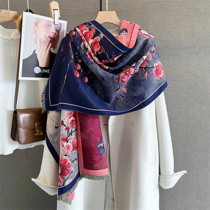 65*190cm Winter Warm Women Scarf Double-Sided Flower Faux Cashmere Scarves Luxury Wrap Shawls High-Quality Pashmina - AMULET RING STORE