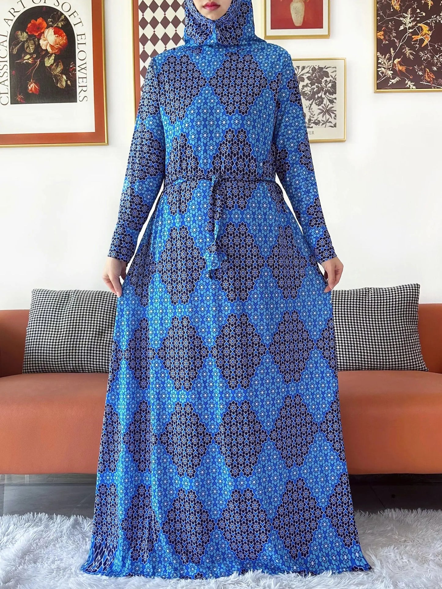 2025 Floral Ramadan Muslim Dress Solid Color Khimar Kaftan Abaya Robe with Attached Hijab Middle East Prayer Garment for Women - AMULET RING STORE