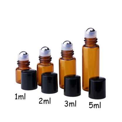 50pcs 1ml 2ml 3ml 5ml Glass Roll On Bottles For Essential Oils Amber Refillable Glass Roller Metal Oil Vials Mini Bottle - AMULET RING STORE