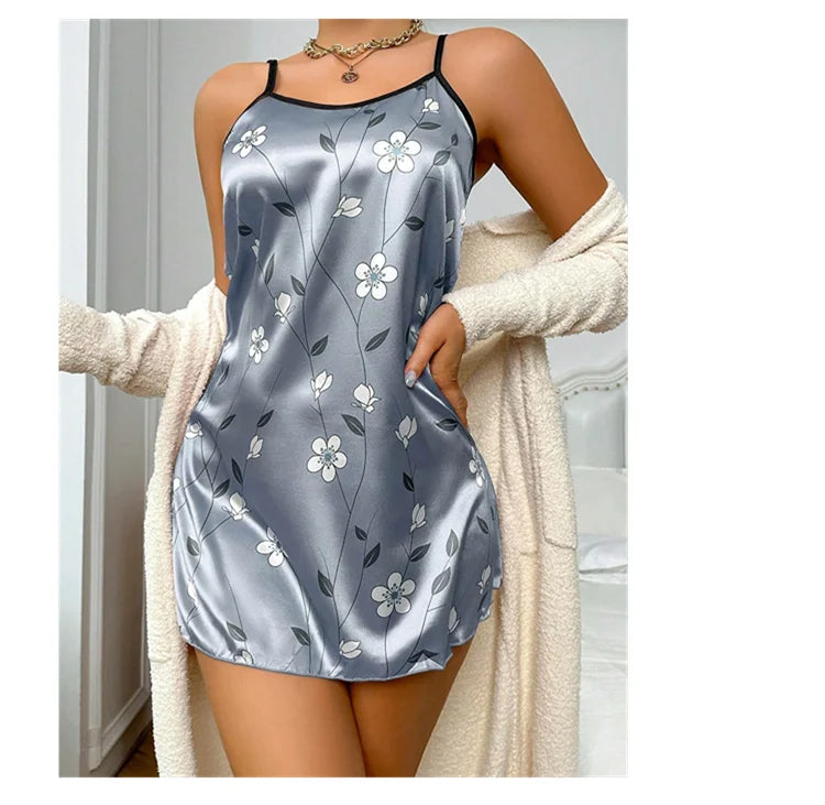 Women's Sleepdress Satin Floral Print Nightdress Comfortable Spaghetti Strap Sleepwear Dress Luxurious Satin Slip Nightdress - AMULET RING STORE