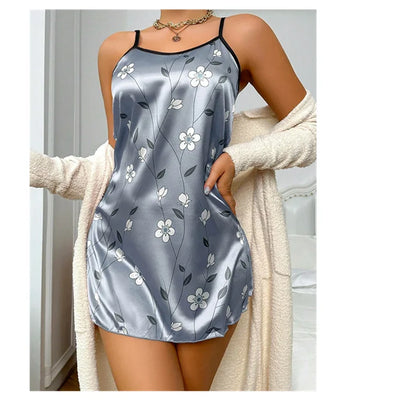 Women's Sleepdress Satin Floral Print Nightdress Comfortable Spaghetti Strap Sleepwear Dress Luxurious Satin Slip Nightdress - AMULET RING STORE