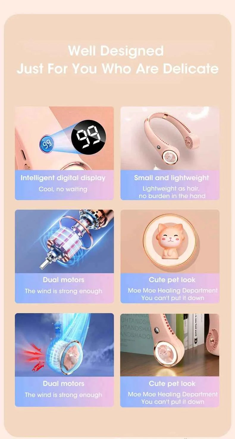 Bladeless Neck Fan 2000mAh USB Rechargeable Digital Display Cute Cat Hanging Mini for Travel Office