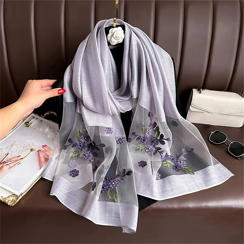 Women Silk Wool Scarf Floral Embroidery Hijab Female Foulard Spring Summer Thin Pashmina Shawls Wraps Bufanda Headscarf Stoles - AMULET RING STORE