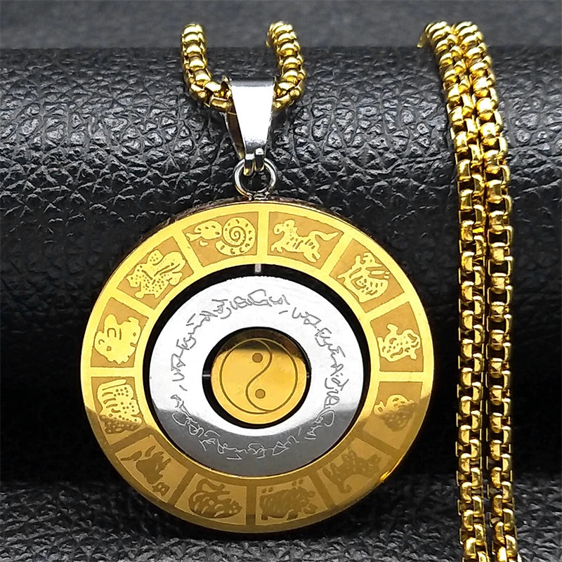 Rotating Chinese 12 Zodiac Nine Palaces Bagua Necklace