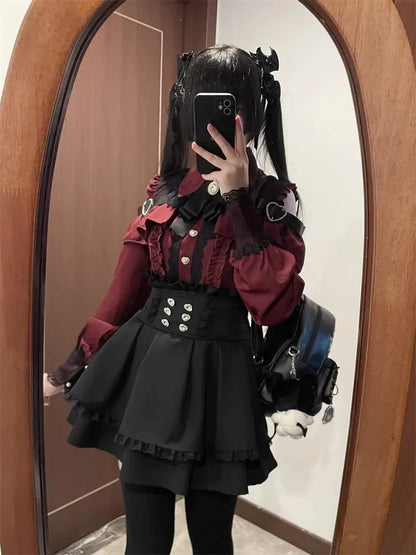 Sweet Gothic Lolita Two Piece Set, Off Shoulder Blouse + High Waist Skirt, Kawaii Tri-color Lace Coord Outfit for Women & Teens