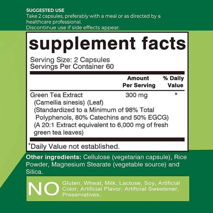 Green Tea Capsules - with 98% Polyphenols, 50% EGCG - Burns Fat, Boosts Metabolism, Appetite Suppressant, Antioxidant
