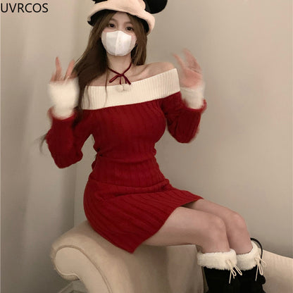 Sexy Red Christmas Dress Women Autumn Winter Korean Style Slash Neck Bodycon Knitted Dresses Female Elegant Y2k Party Mini Dress - AMULET RING STORE