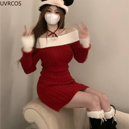 Sexy Red Christmas Dress Women Autumn Winter Korean Style Slash Neck Bodycon Knitted Dresses Female Elegant Y2k Party Mini Dress - AMULET RING STORE