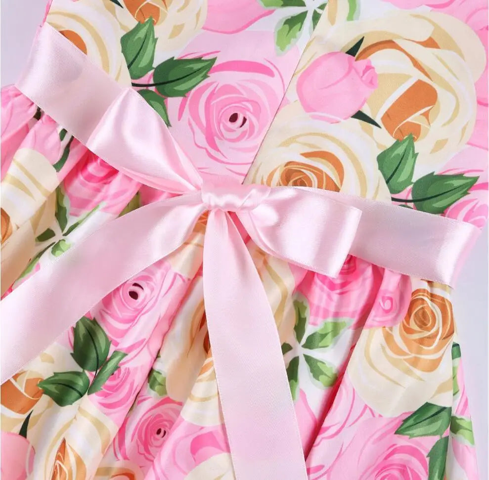 Summer Girls Rose Print Dress Princess Wedding Birthday Party Frocks Satin Children Vestidos Dresses For Girl Christmas Clothing