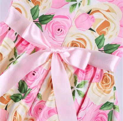 Summer Girls Rose Print Dress Princess Wedding Birthday Party Frocks Satin Children Vestidos Dresses For Girl Christmas Clothing