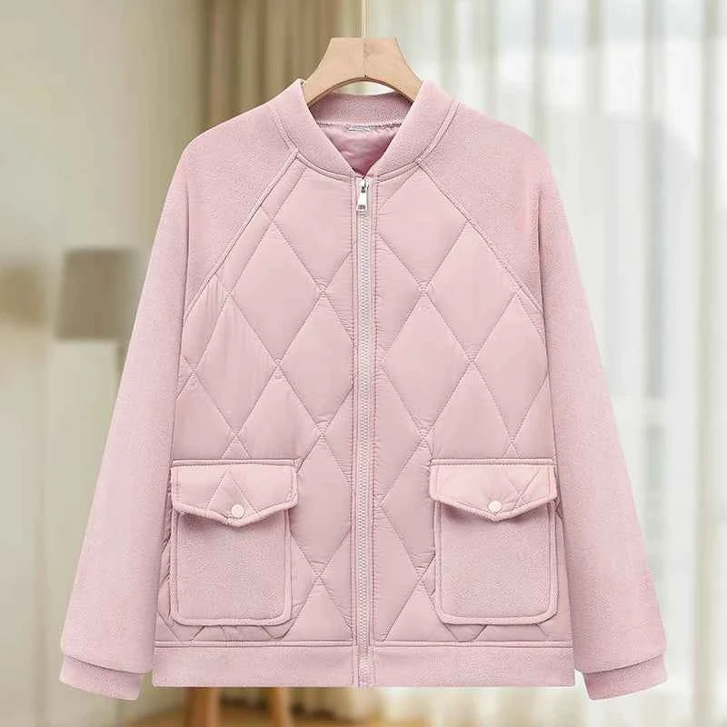 Women Padded Jacket round neck Long Sleeves patchwork coat Winter Warm Top Outerwear