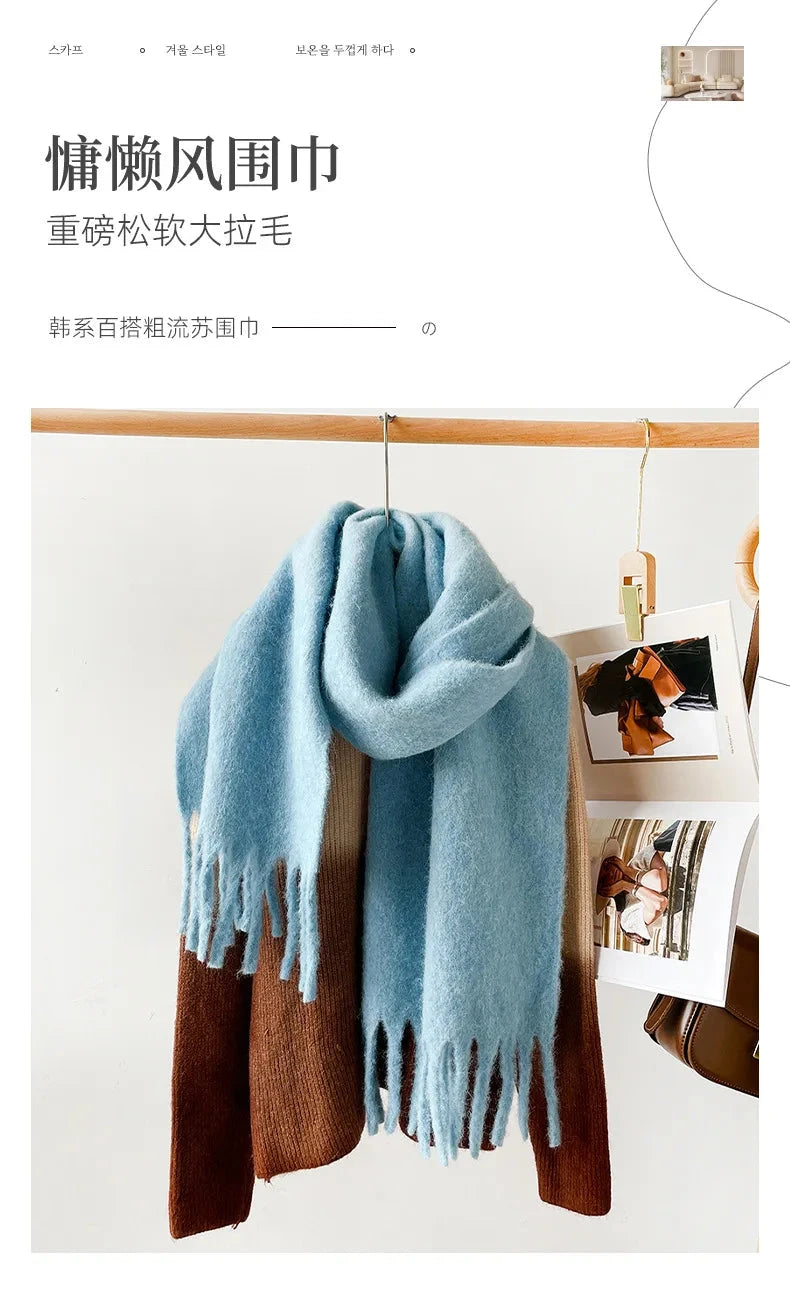 Korean Version Stylish Solid Scarf Women Men Autumn Winter Wool Blend Soft Pulled Mufller Female Male Versatile Pink Shawl Girl