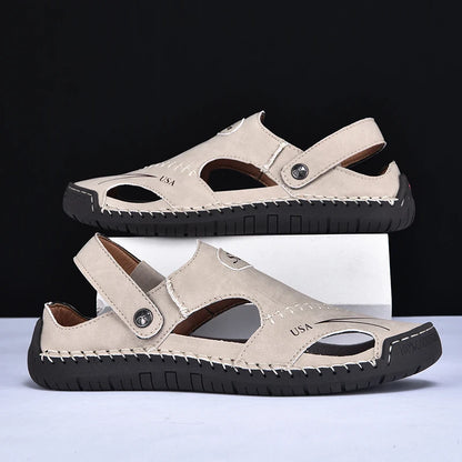 New Handmade Summer Sandals Men Breathable Leather Shoes Man Outdoor Men Sandals Antiskid Beach Sandals Hollow Shoes Fashion