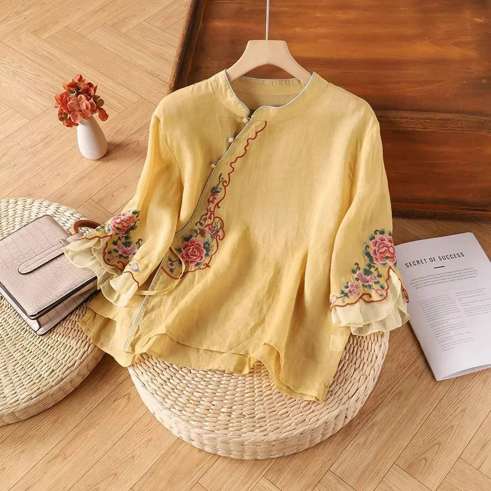 Casual Loose Blouse Shirt Women Clothes Summer Cotton Linen Ladies Tops Tee Blusas Vintage Embroidery Woman Shirt Camiseta Mujer