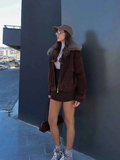 Solid Twill Denim Jacket Women Chic Patchwork Fur Collar Lapel Full Sleeve Zipper Pockets Loose Coat Lady Commute Street Wear