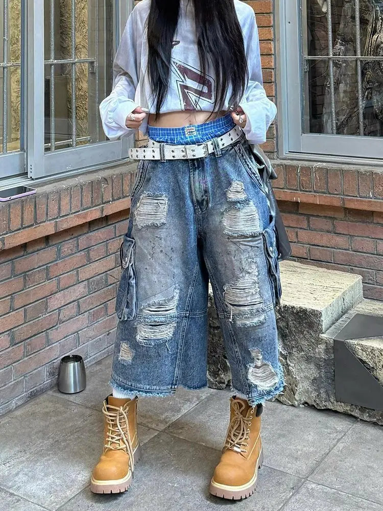 2025 American Vintage Old Baggy Slim Machete Denim Shorts Female Y2K Harajuku Hot Girl Washed Hole Denim Cropped Pants Tide - AMULET RING STORE