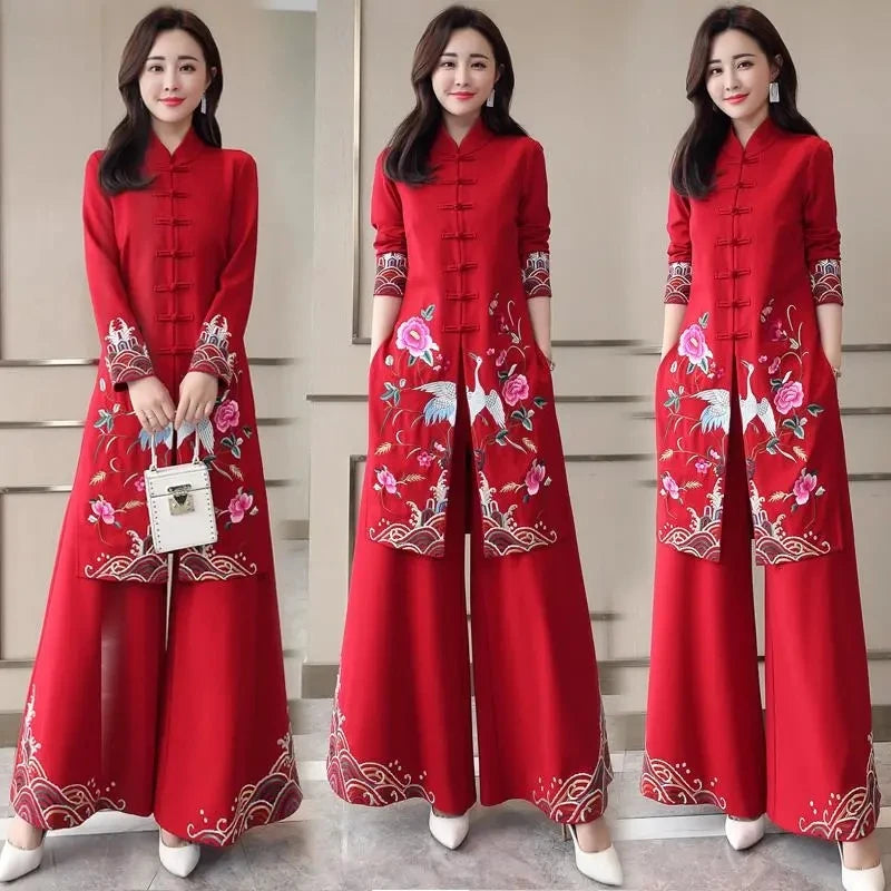 Long Ethnic Style Cheongsam Set Spring and Autumn Drop Feel Wide Leg Pants Mom Retro Slim Straight Tube Embroidery Two Piece Set
