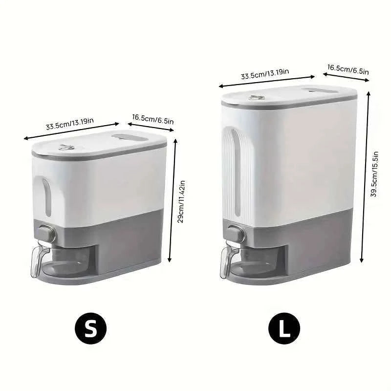 Large-capacity rice storage tank – sealed and moisture-proof, equipped with a measuring cup and cleaning brush.