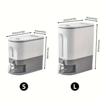 Large-capacity rice storage tank – sealed and moisture-proof, equipped with a measuring cup and cleaning brush.