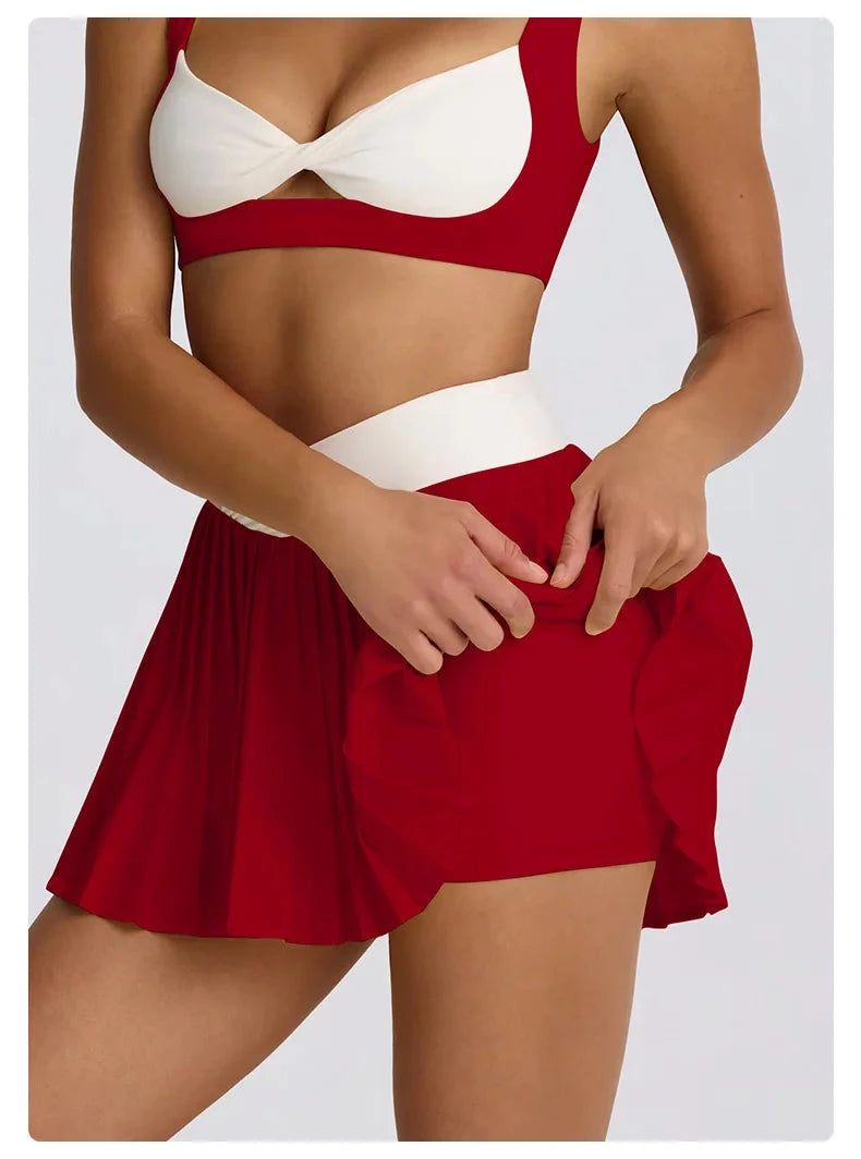 Sports Yoga Set 2 Pieces Women Tracksuit Sportswear Workout Running Clothing High Waist Short Skirt Sports Bra Athletic Wear