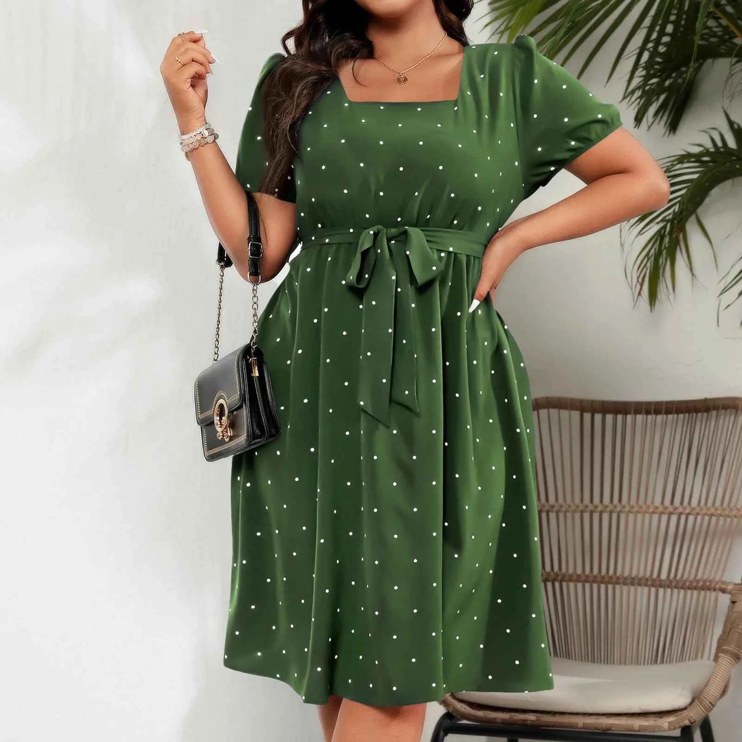Plus Size Ladies Elegant Retro Polka Dot Waist Tie Square Neck Dress Classic Fashion Summer Short Sleeve Vacation A-line Skirt