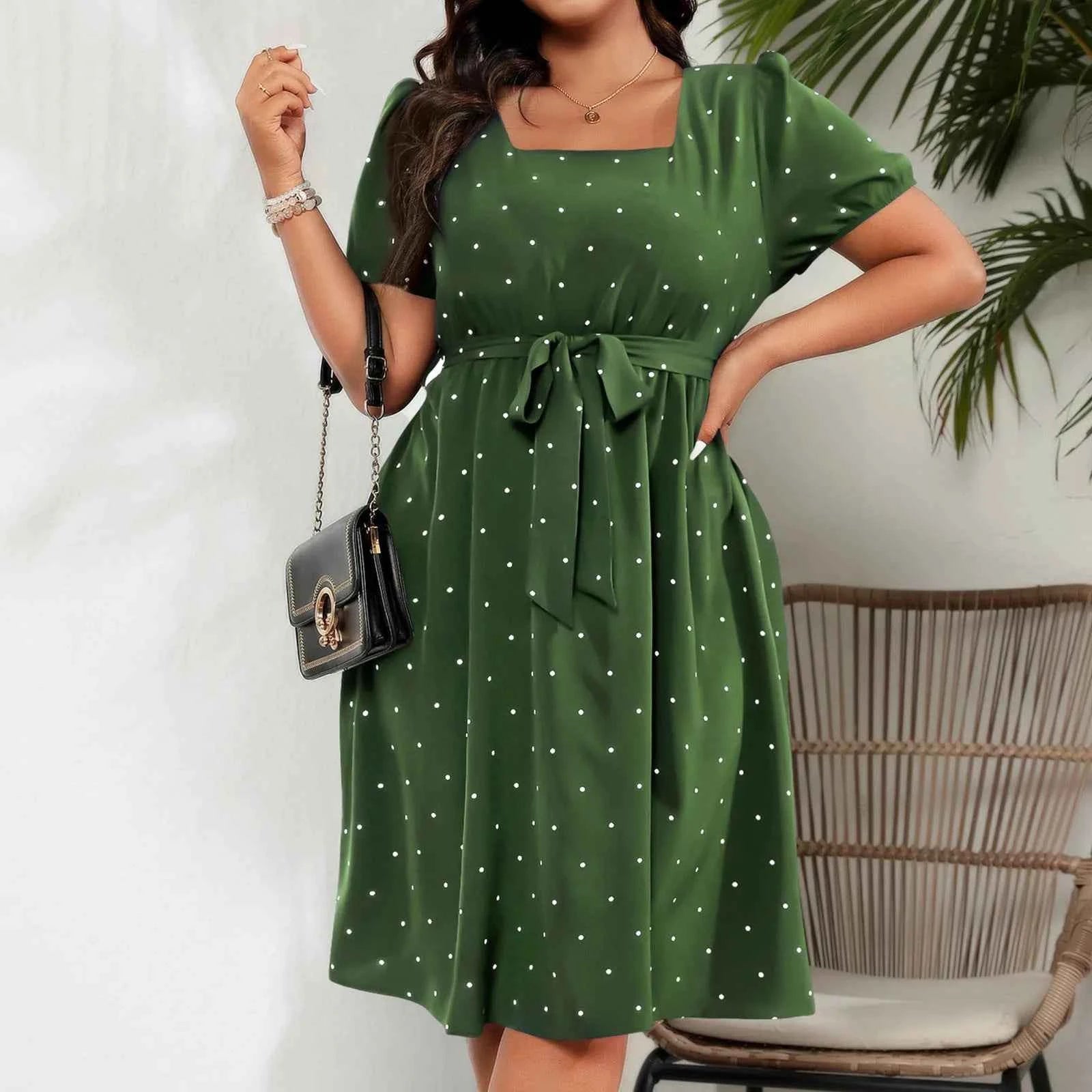 Plus Size Ladies Elegant Retro Polka Dot Waist Tie Square Neck Dress Classic Fashion Summer Short Sleeve Vacation A-line Skirt