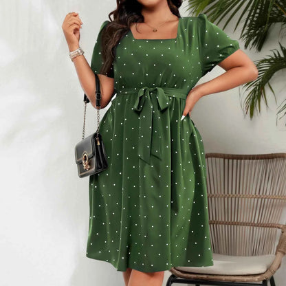 Plus Size Ladies Elegant Retro Polka Dot Waist Tie Square Neck Dress Classic Fashion Summer Short Sleeve Vacation A-line Skirt