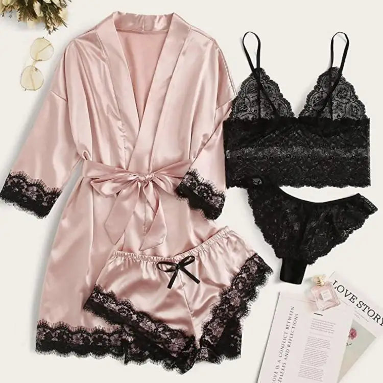 2025New Women's Pajama Fashion 4-piece Set Lace Satin Strap Sexy Pajama Set Dress Skin friendly Comfortable Casual Pajama Skirt - AMULET RING STORE