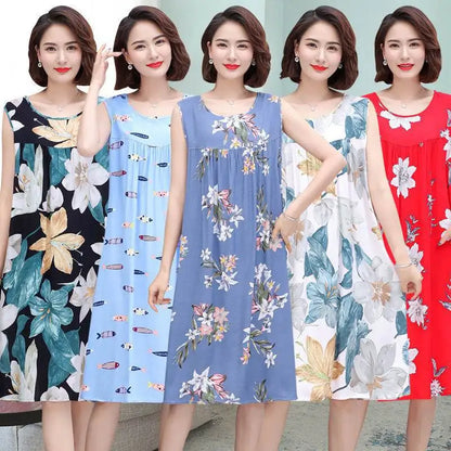 Summer Middle-Aged and Elderly Cotton Silk Nightgowns Pajamas Women's Dresses Large Size Mother's Casual Nightgowns Homewear - AMULET RING STORE