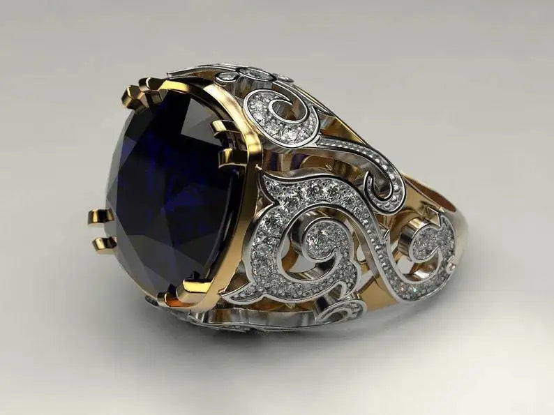 Sapphire Blue Fat Square Gemstone Two-color Pattern Luxury High-end Copper Inlaid Zircon Ring AMULET RING STORE