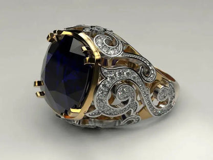 Sapphire Blue Fat Square Gemstone Two-color Pattern Luxury High-end Copper Inlaid Zircon Ring AMULET RING STORE