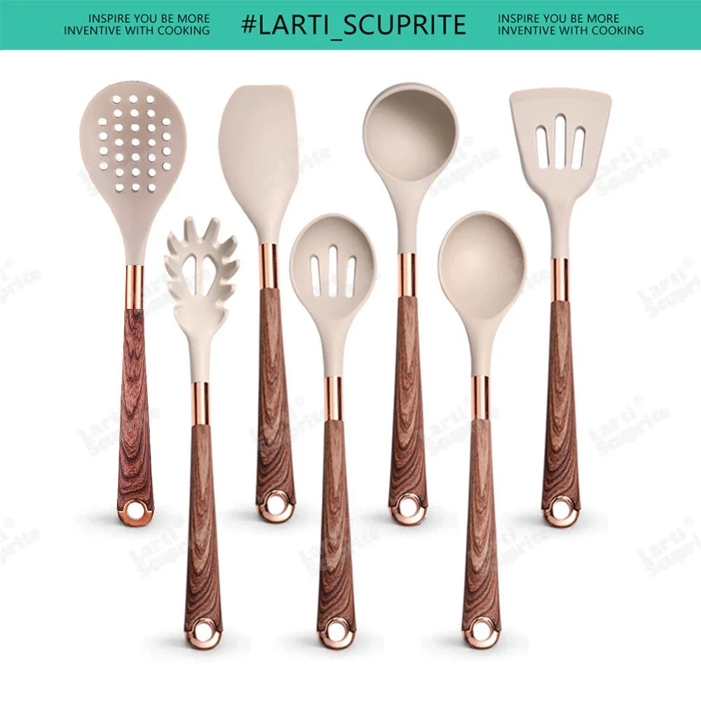 Good Quality Silicone Kitchen Utensils Set Rose Gold Plated Handle Cooking Tool Non-stick Heat Resistant Kitchenware Accessories