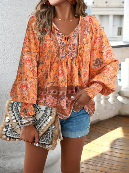 2024 Summer Fashion New Women's Elegant Casual Printed V-neck Shirt with Bubble Sleeves and Loose Commuting Style Top - AMULET RING STORE
